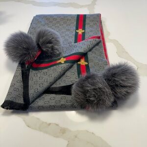 Grey and red bee wrap with real fur poms. Green and red stripe never worn